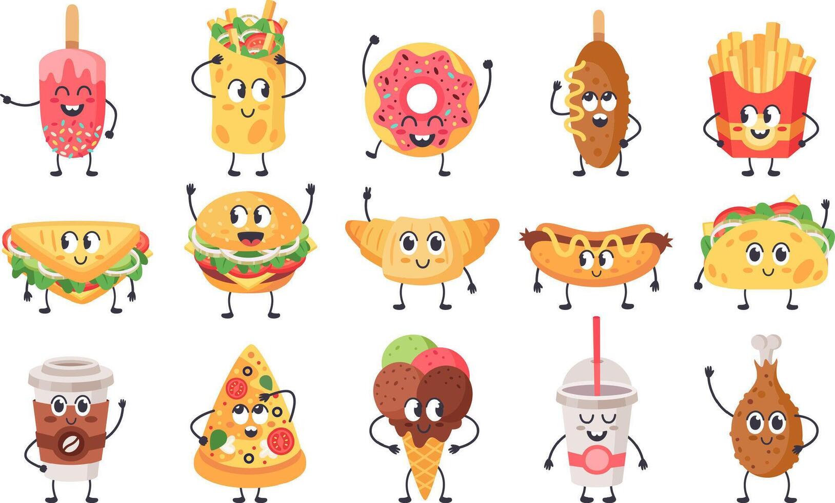 Funny food mascots. Cute doodle junk food mascot, fast food with faces, happy cheeseburger, pizza and croissant vector illustration icons set