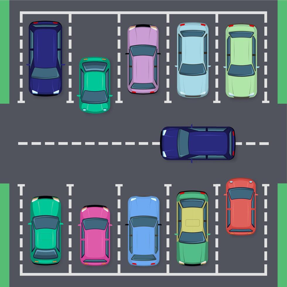 Street car parking. Top view street vehicle, public parking zone views and auto transport parking area, city auto park vector illustration set