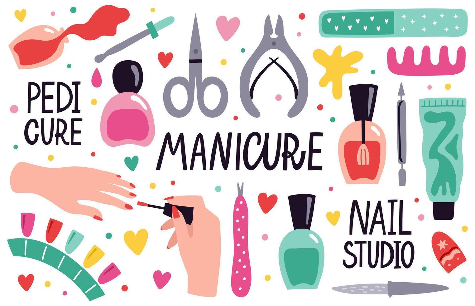 Doodle manicure equipment. Nail manicure tools, scissors, nail polish, tweezers and nail file, manicure accessories vector illustration set