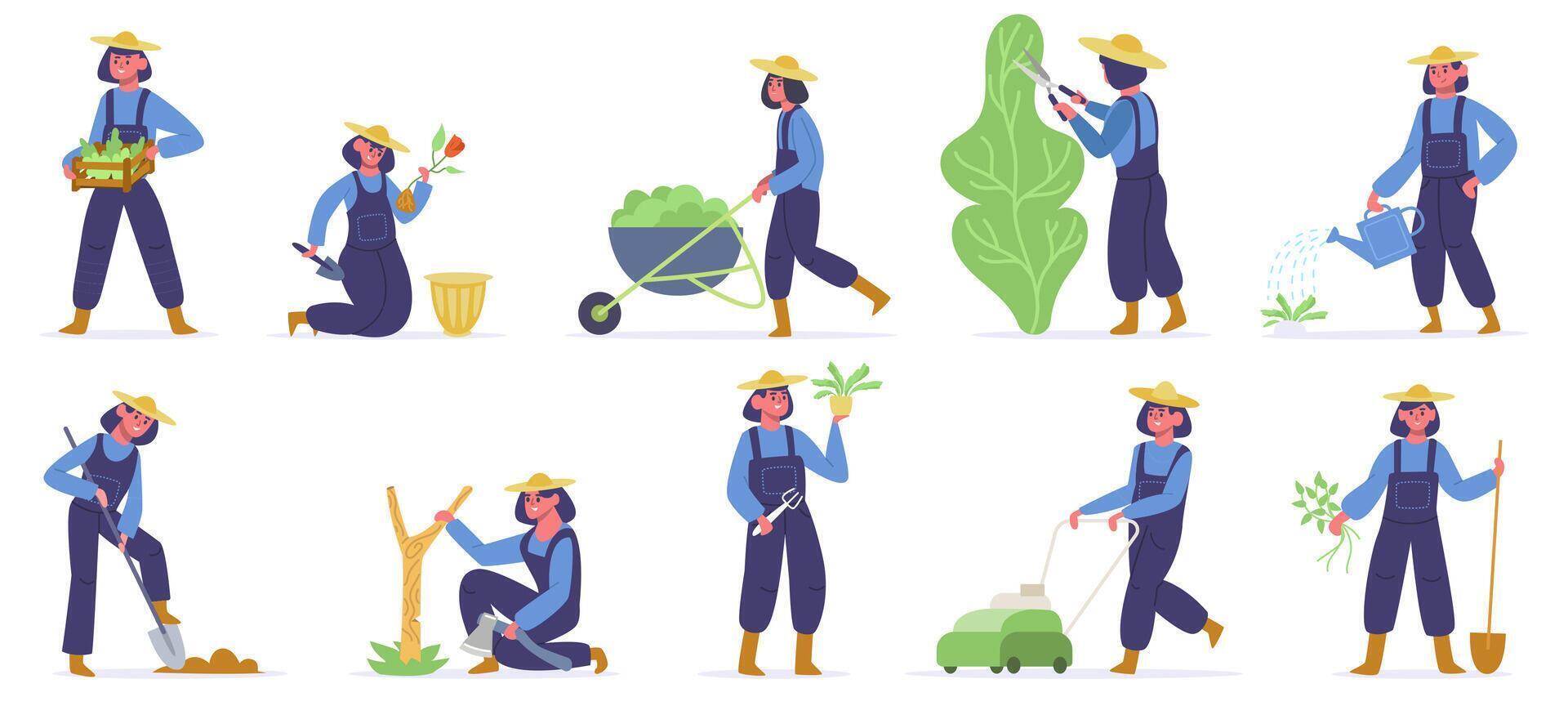 Garden worker. Female gardener planting, watering and growing sprouts, garden job with farming tools. Agriculture gardener vector illustrations