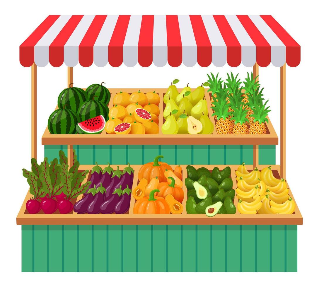 Vegetables supermarket stall. Fruits, vegetables wooden counter, grocery store organic food. Fresh vegetables local shop vector illustration
