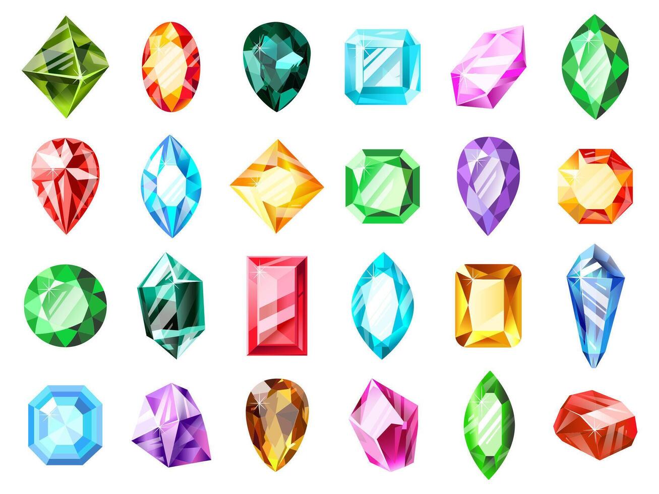 cristal joya gemas cristal diamante joya, joyas juego piedra preciosa, precioso lujo brillante gemas aislado símbolos ilustración conjunto vector