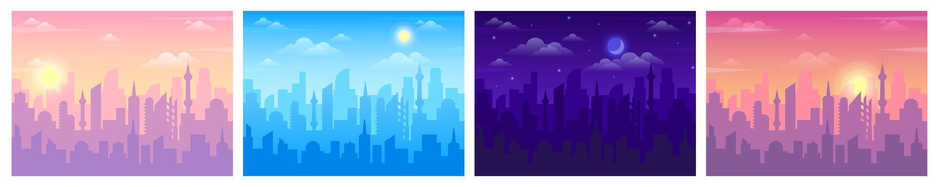 Daytime city view. Cityscape sunrise, noon and night time, skyline landscape in day and night, urban buildings silhouette vector background set