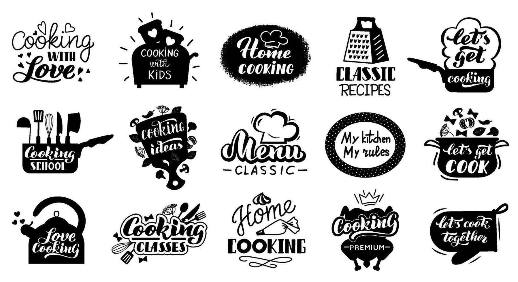 Cooking lettering badges. Kitchen gourmet recipes, hand drawn food lettering labels. Cooking foods concept elements vector isolated icons set