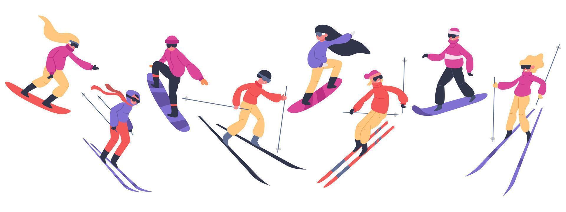 Skiers and snowboarders. Winter sport activities, people on snowboard, young skiers and snowboarders jump on mountain vector illustration set