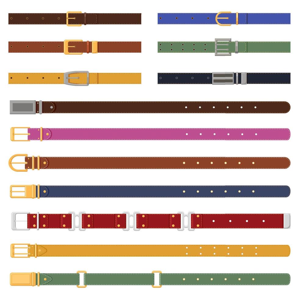 Leather strapping belts. Leathern belt with metal buckle, elegant fashion strap elements. Leather clothes accessories vector illustration set