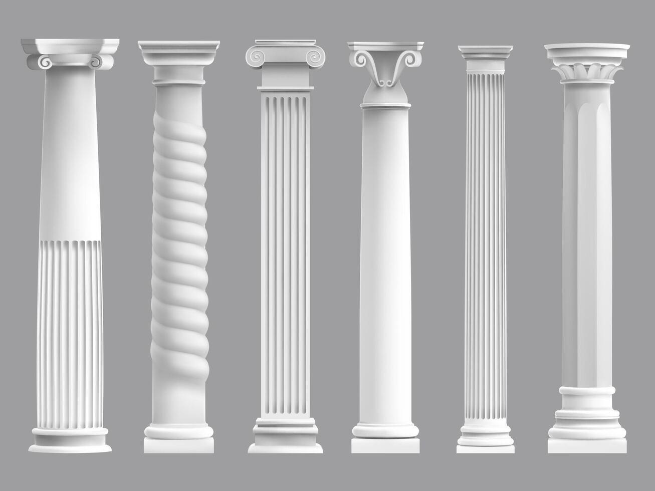Antique greek pillars. Greek ancient column, historic roman culture pillars. Architectural classic columns vector illustration set