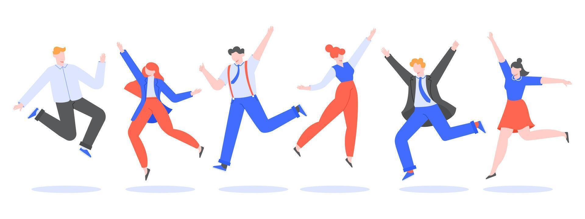 Happy jumping office team. Smiling people jumping at work winning party, business team celebration, corporate colleagues celebrate and joy together vector illustration. Coworkers flat character