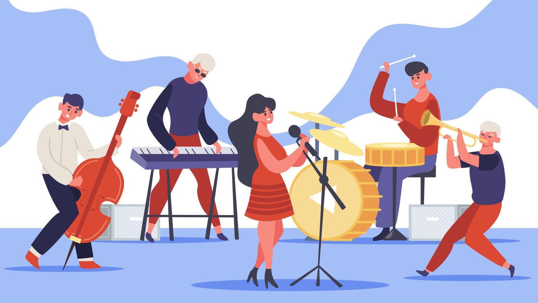 Jazz band concert. Music band musicians singing and playing guitar and drums and bass, modern jazz team. Rock band performance vector illustration