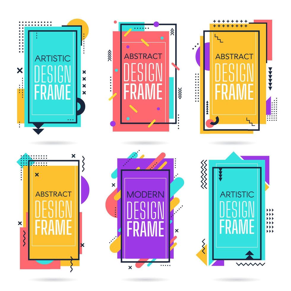 Memphis commercial frames. Minimalist abstract layout, modern hipster, retro geometric elements border, 80s memphis colourful art frame isolated vector icons set. Trendy quote text boxes