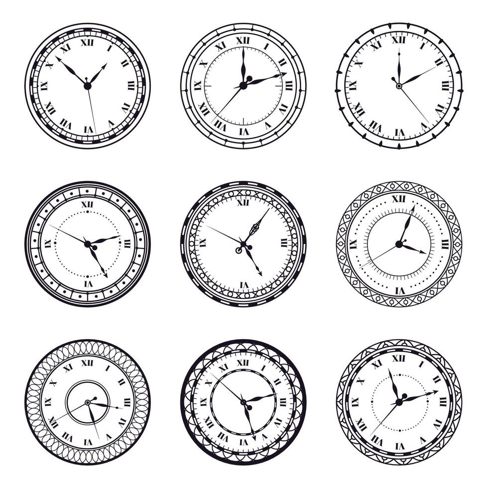 Ancient watch face. Vintage antique watches, antic 12 hours round clock, roman numerals timer clock vector illustration symbols set