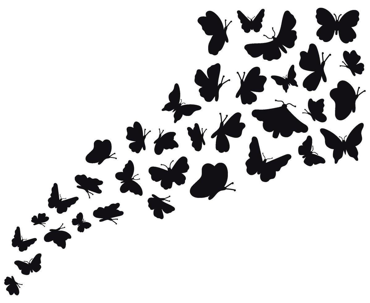 Butterfly flow silhouettes. Flying butterflies graphic wave, black flower butterflies silhouette. Papillon sketch vector background illustration