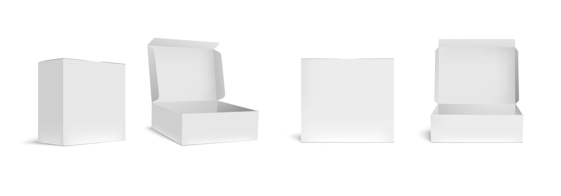 Open and closed white box mockup. Opened packaging boxes, empty rectangular package and realistic packages 3d vector illustration set. Square blank containers, carton packings cliparts collection