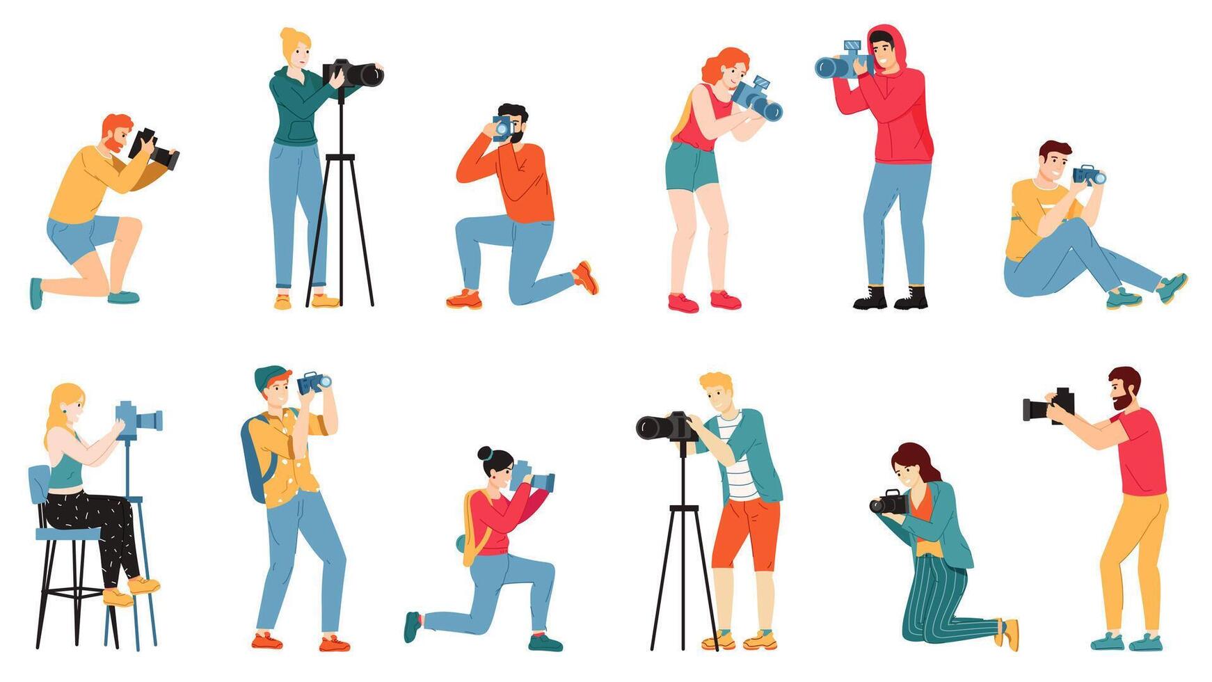 fotógrafo caracteres. paparazzi, camarógrafo creativo personas tomar foto disparo, reporteros y periodistas caracteres vector ilustración conjunto
