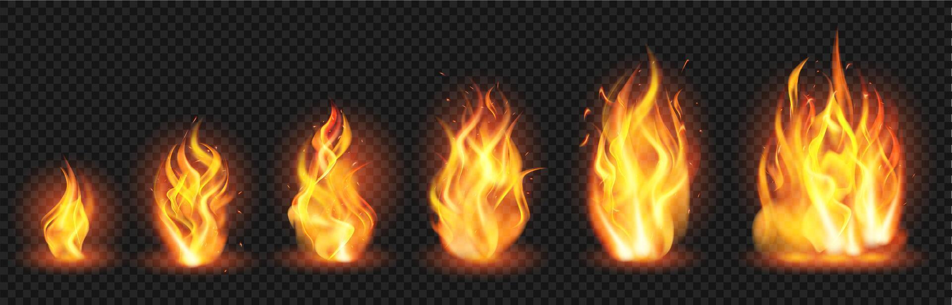 Realistic flame concept. Flaring fire blaze, various size burning spurts of flame, growing wildfire flames isolated vector illustration set