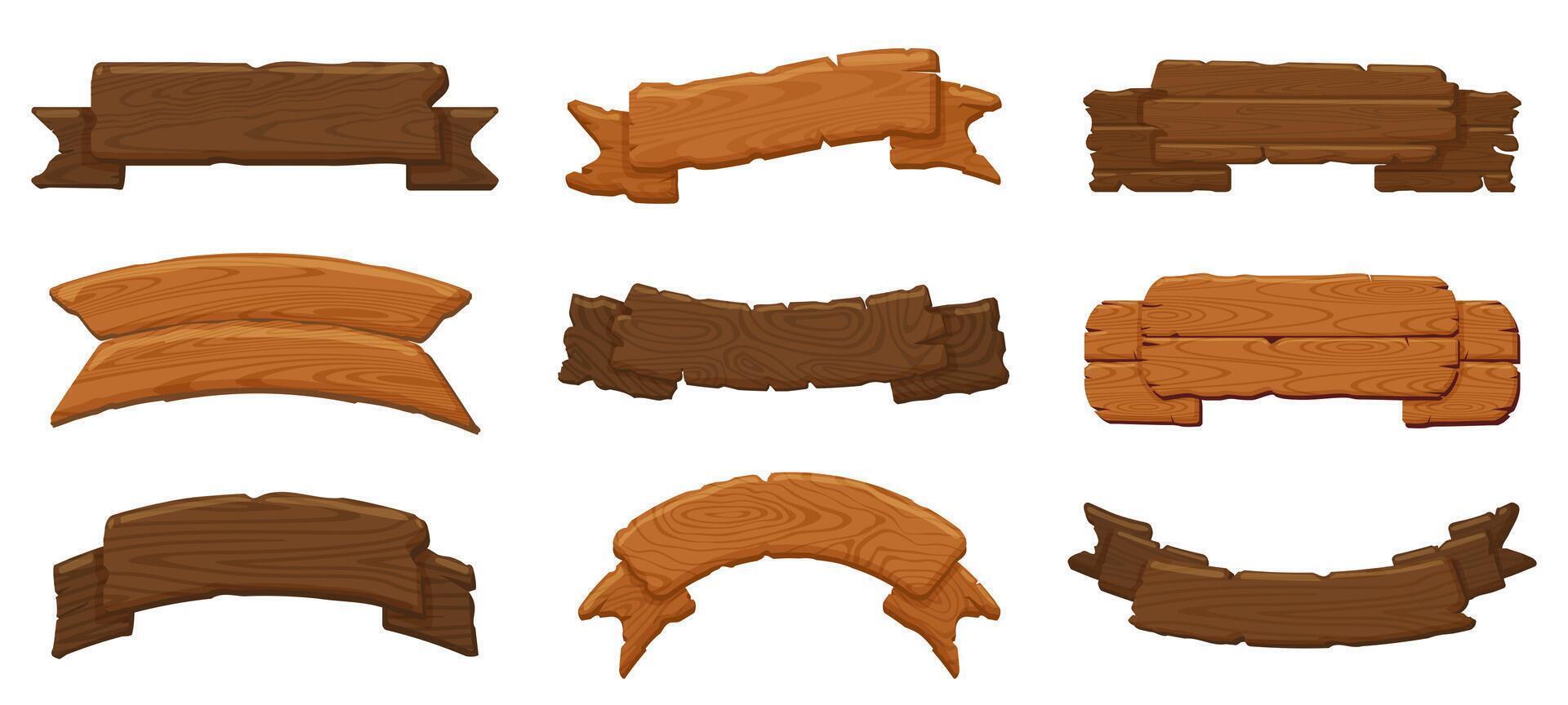 Wooden ribbon boards. Wood antique sign boards, hanging wood billboard and empty rustic banners vector illustration icons set