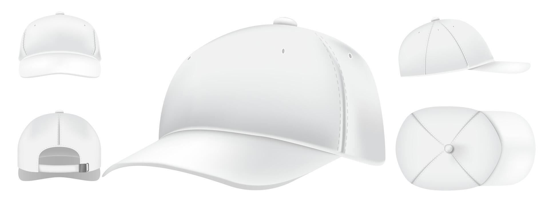 blanco gorra Bosquejo. deporte tapas parte superior vista, béisbol sombrero y uniforme sombreros puntos de vista realista 3d vector colocar. casual ropa, moda, calle estilo tener puesto. moderno tocado frente, arriba, lado, espalda ver paquete