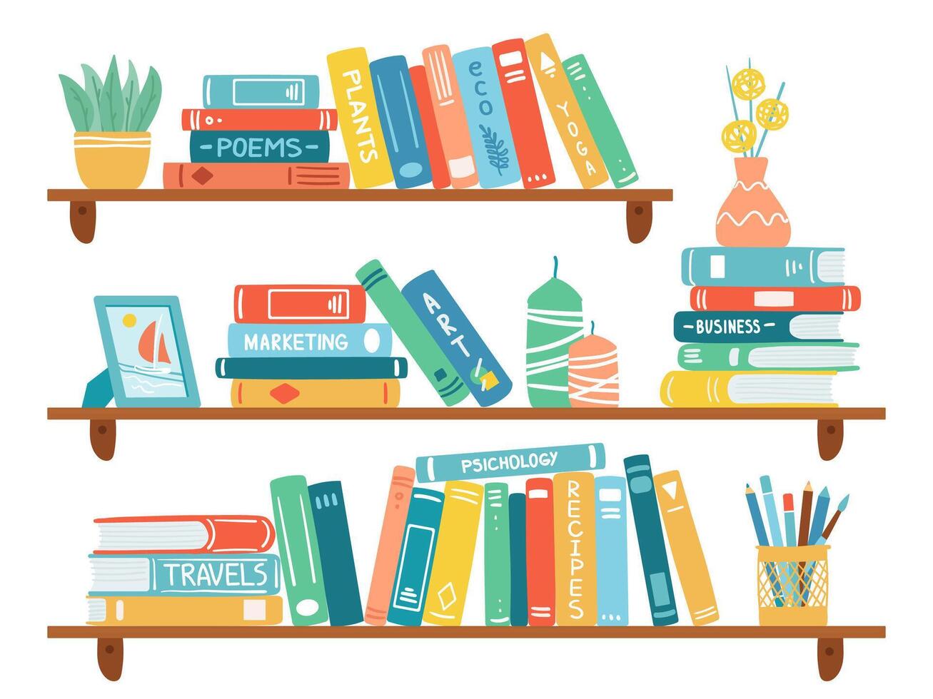 Interior bookshelves. Books at bookshelf, textbooks pile, school education or bookstore shelf, library bookcase isolated vector illustration set