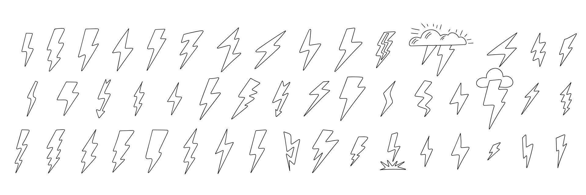 Collection of lightning in doodle style. Hand drawn vector art.