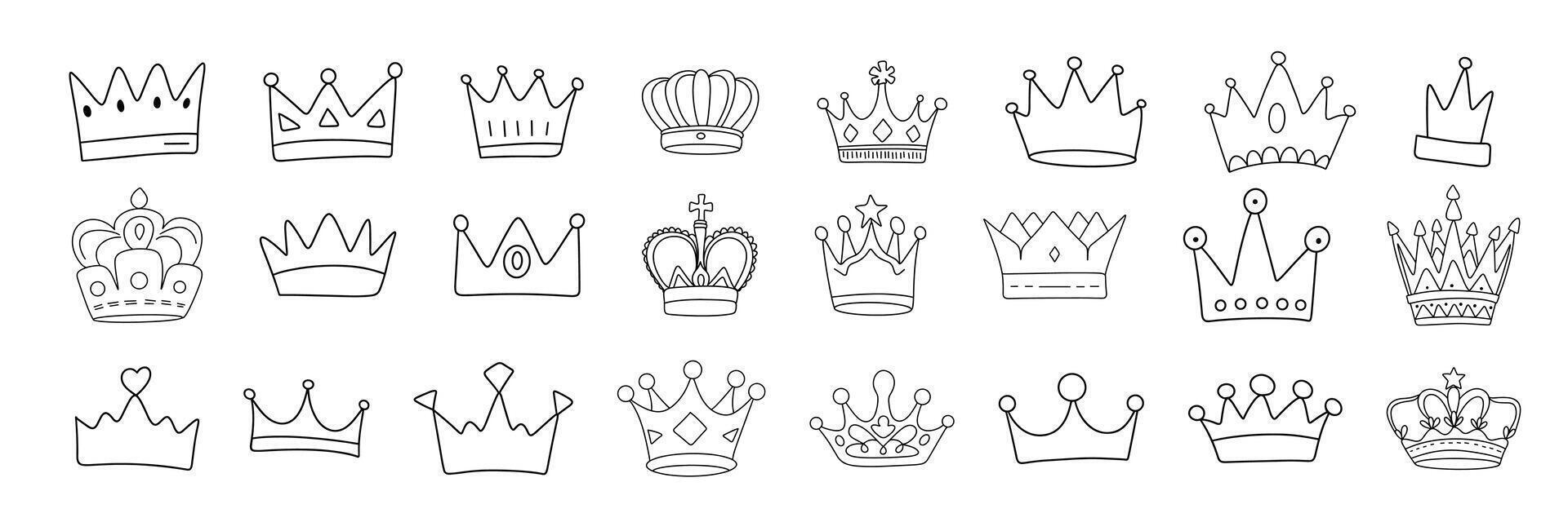 Collection of crown in doodle style. Hand drawn vector art.