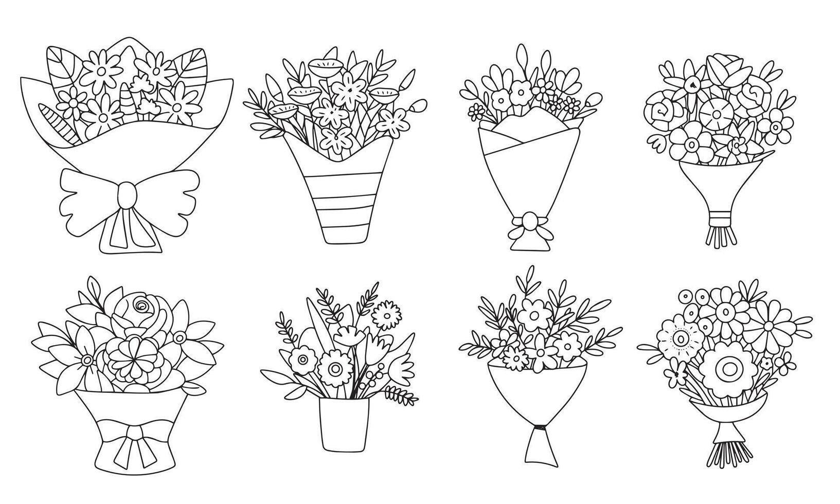 Collection of bouquet in doodle style. Hand drawn vector art.