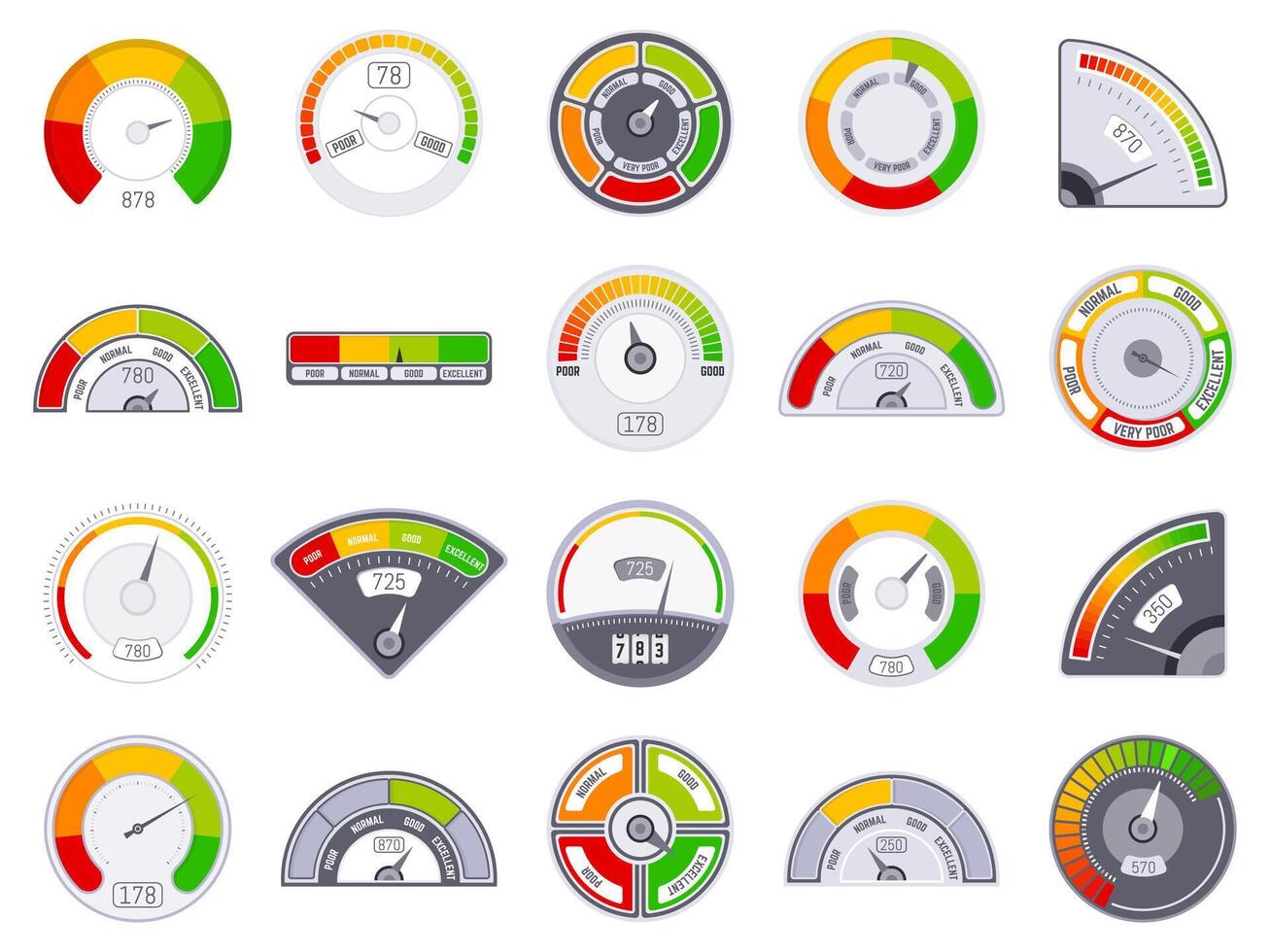 Speedometer score level. Good and low rating indication, goods grade speedometer level, satisfaction score tachometer indicators vector icons set