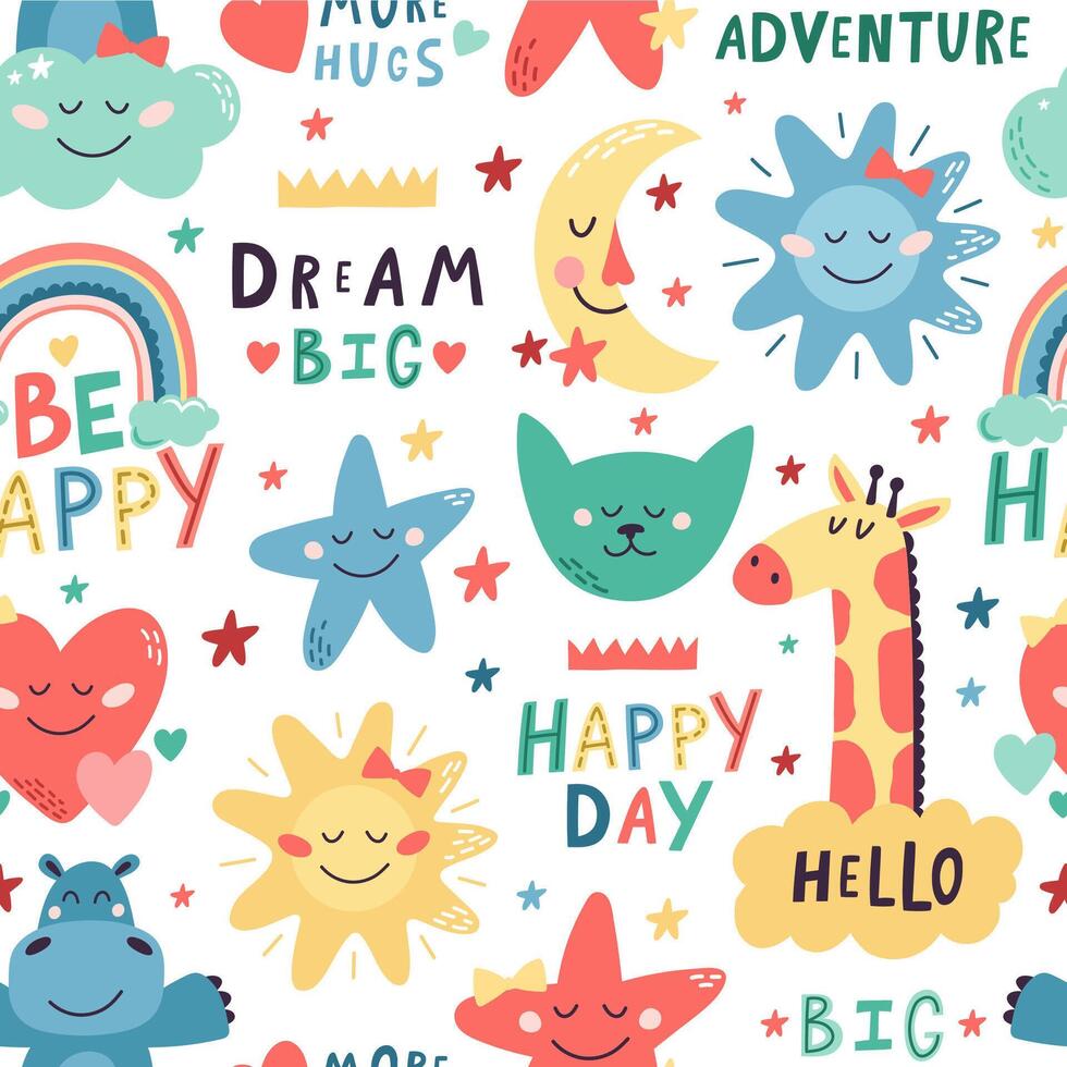 Cute kids pattern. Seamless hand drawn cute animals, moon and stars backdrop. Nursery creative decoration vector background illustration