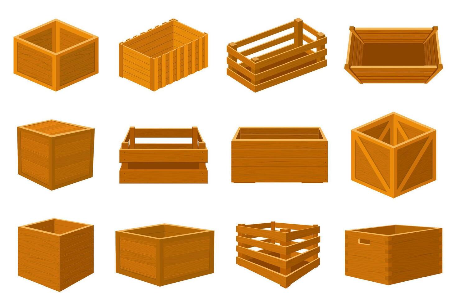 Wooden boxes. Delivery containers, empty wood boxes and parcels, packed shipping crates isolated vector illustration set