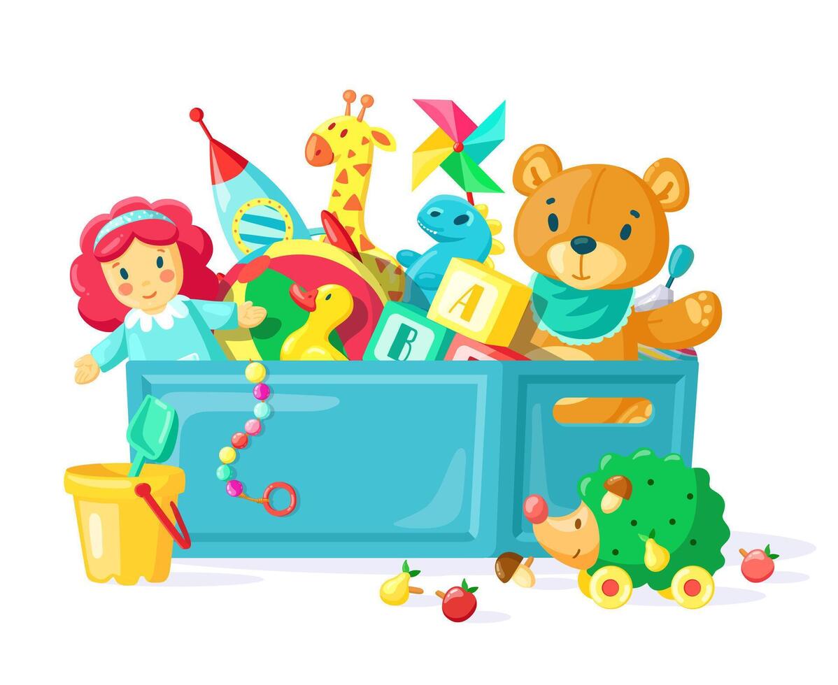 Baby toys in box. Children toys in plastic container, box full of toys, boys, girls inventory for kids game and joy vector illustration
