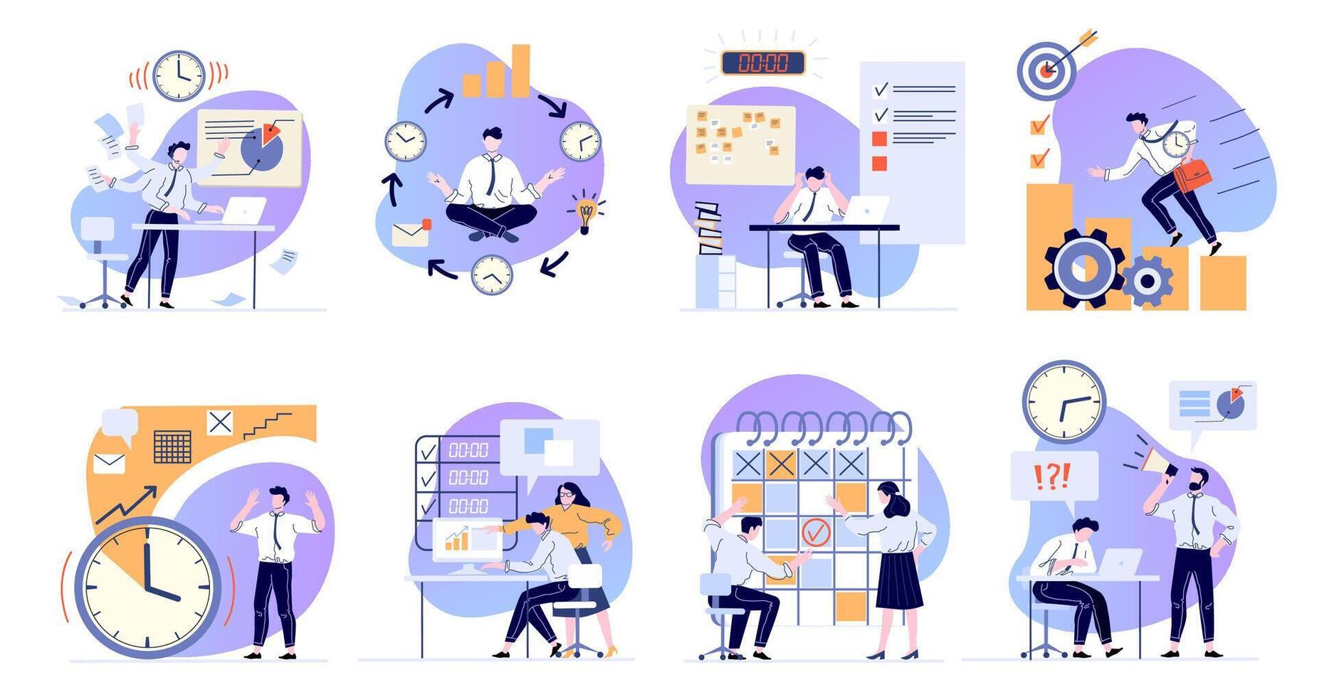 hora gestión. Planificación trabajando tareas, fecha límite calendario y oficina gerente trabajando con computadora plano vector ilustraciones colocar. trabajo estrés y problema resolviendo negocio flujo de trabajo organización