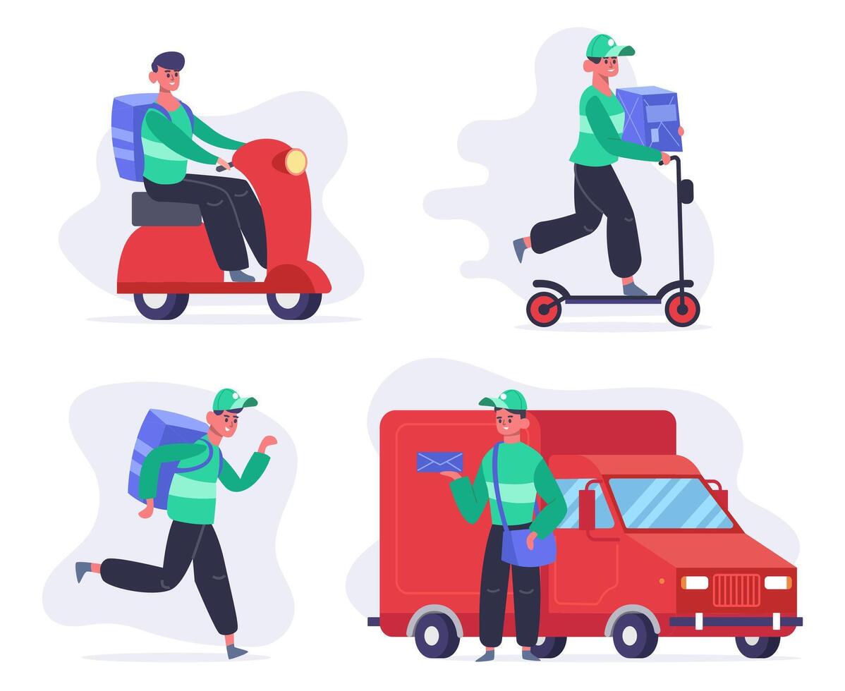 Delivery service characters. Courier or postal employee on van and kick scooter, fast delivery service. Package delivery vector illustration set