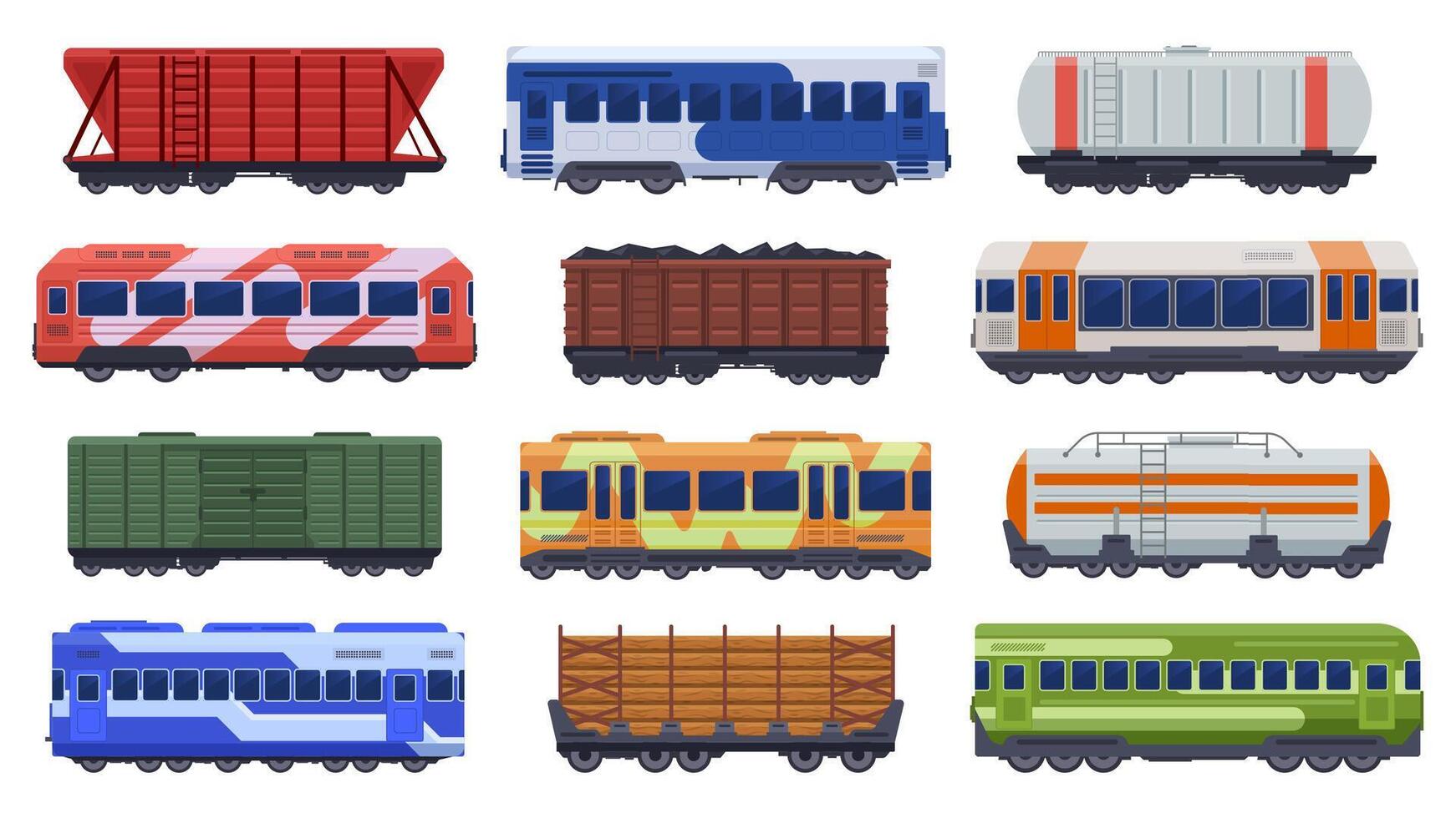 Trains transportation. Passenger and freight trains, steam train, goods high speed trains. Subway underground train vector illustration icons set