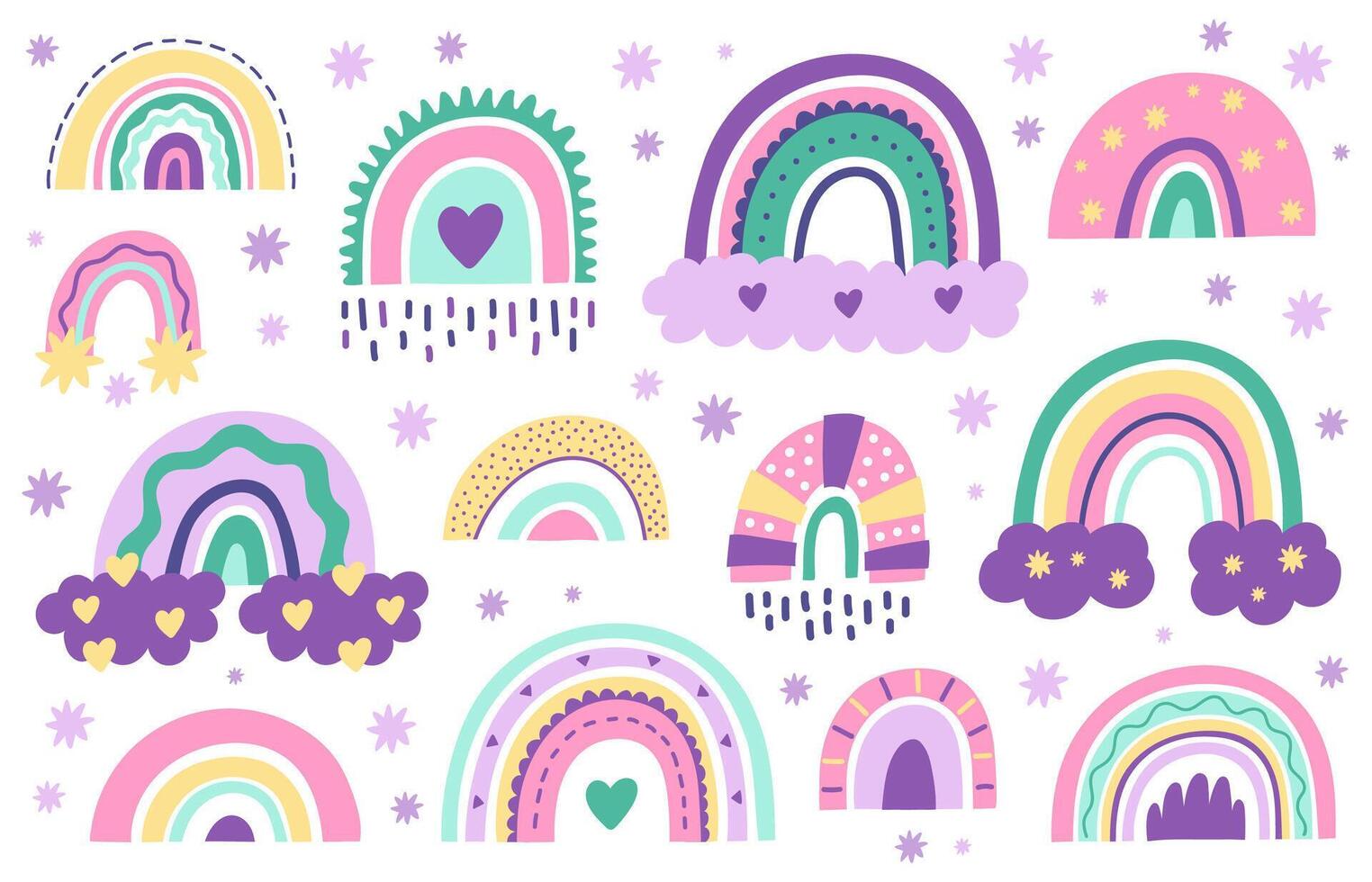 Doodle nursery rainbows. Hand drawn scandinavian style rainbow. Baby shower, childrens party cute pastel color rainbow vector symbols set