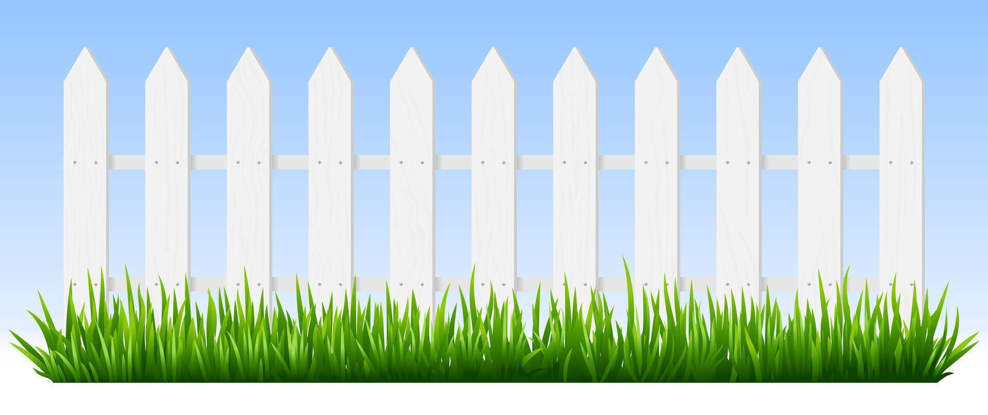 Realistic wooden fence. Green grass on white wooden picket fence, sunshine garden background, fresh plants border hedge vector illustration