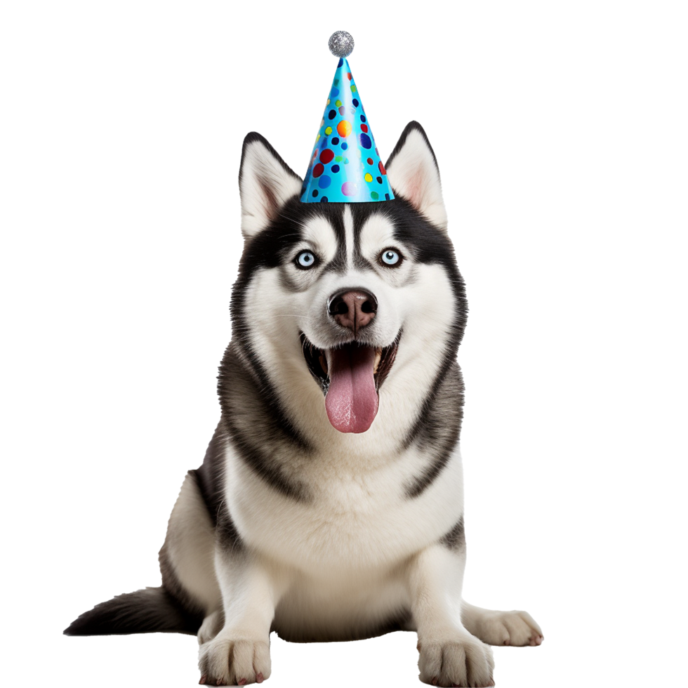 AI generated Happy husky wearing birthday hat png isolated on transparent background