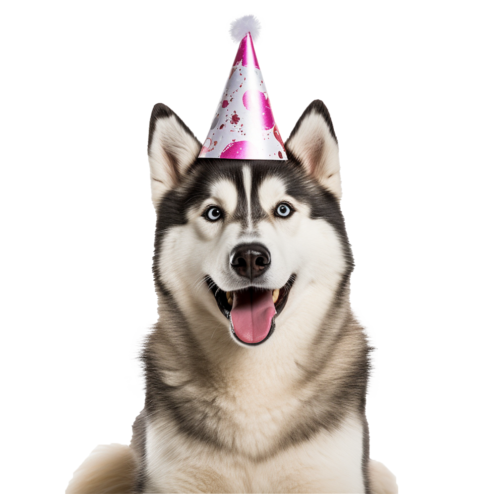 AI generated Happy husky wearing birthday hat png isolated on transparent background