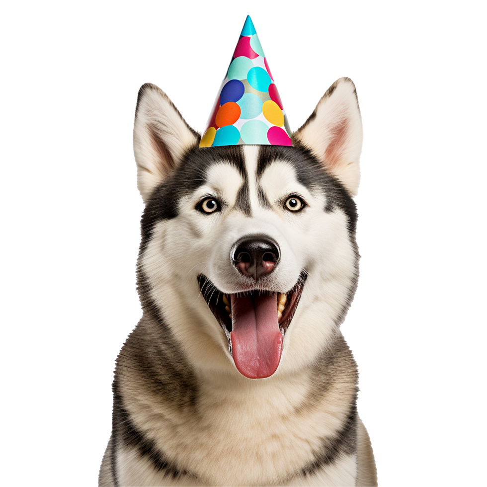 AI generated Happy husky wearing birthday hat png isolated on transparent background