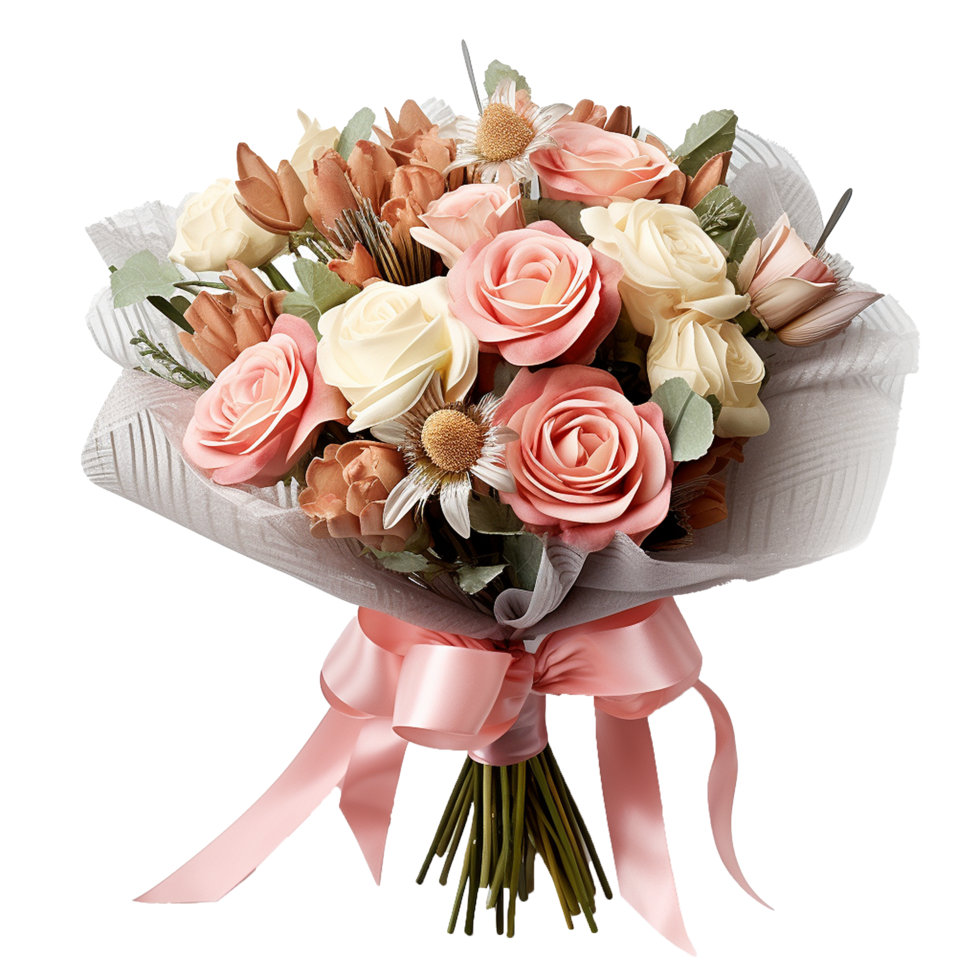 AI generated Gift wrapped bouquet of flowers for valentines and wedding png isolated on transparent background