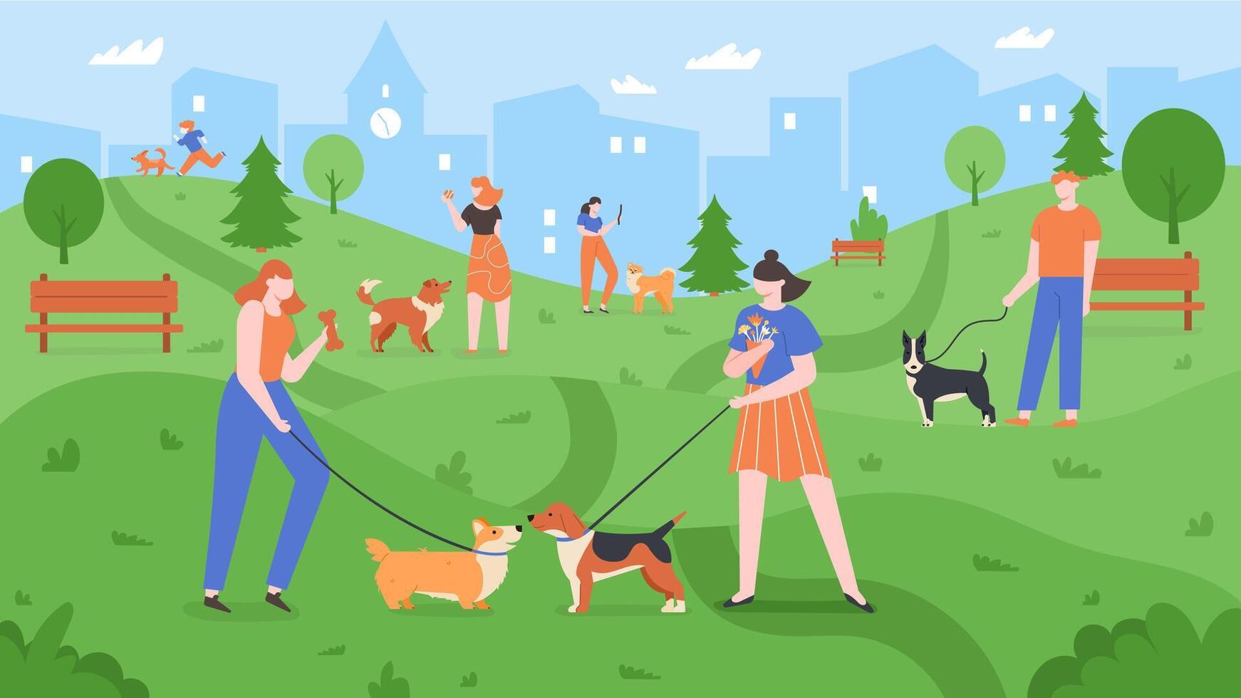 Dogs at park. Pets playing in dog park, people walk and play with dogs in outdoor yard, urban dog park landscape colorful vector illustration. Pet owners training puppies, strolling together