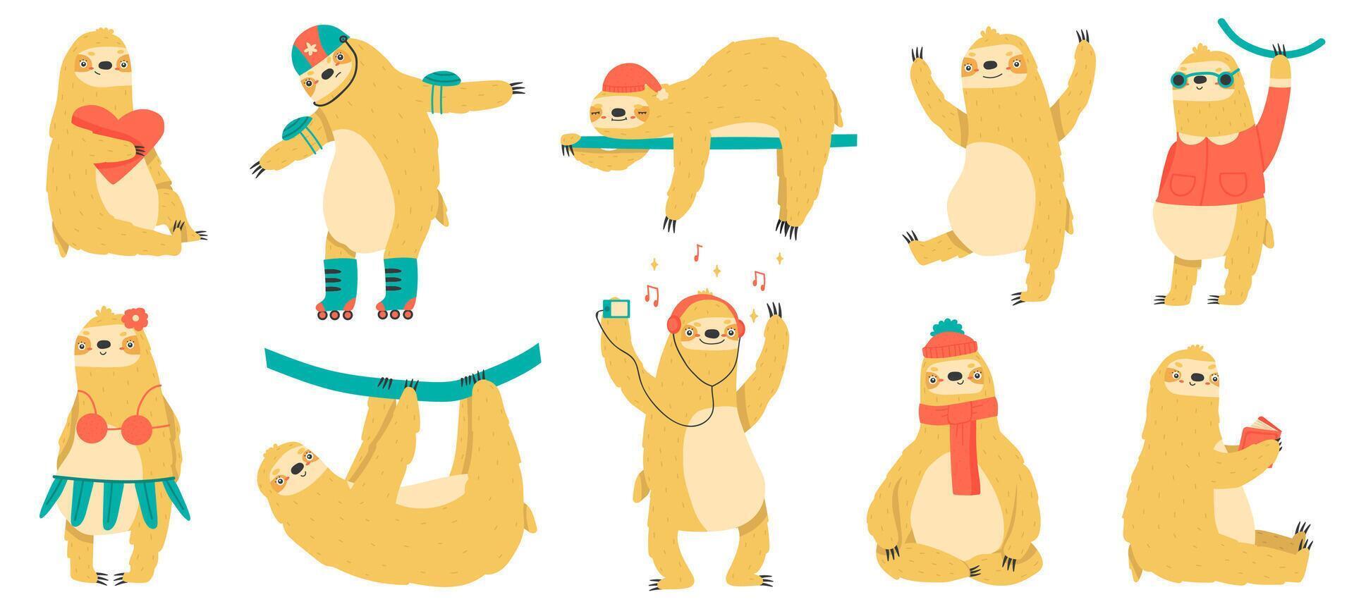 Funny sloths. Cute hand drawn lazy animals, funny tropical mammals, adorable sloth mascots vector illustration set. Jungle rainforest sloths