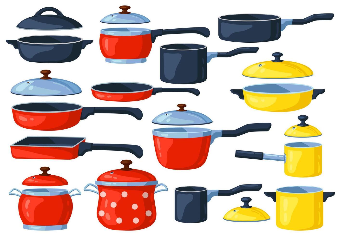 Cartoon frying pan. Cooking pots, metal saucepan and casserole, kitchen cooking items. Kitchen utensils vector illustration set