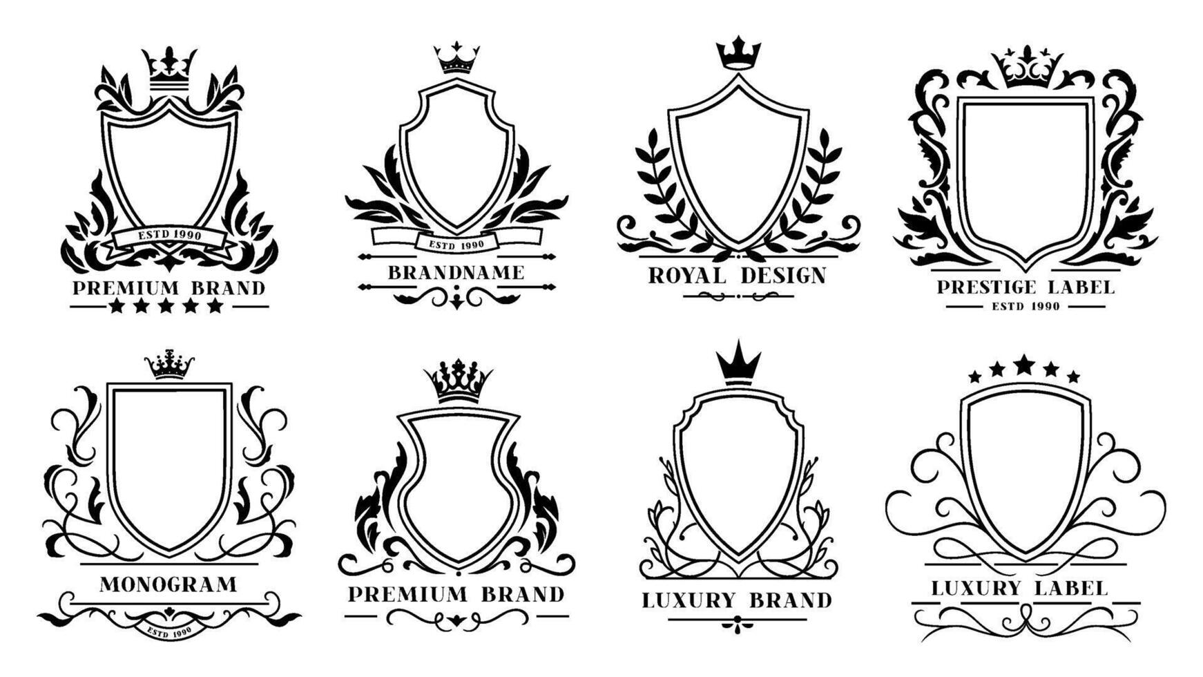 Royal shields badges. Vintage ornamental frames, decorative royal swirl heraldic borders and luxury filigree wedding emblems isolated vector icons set
