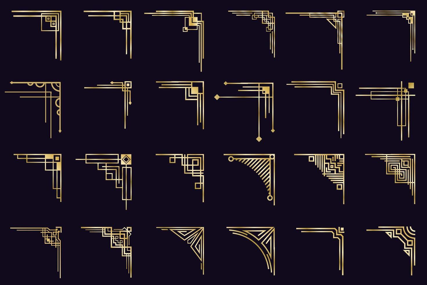 Art deco corners. Vintage gold arabic geometric borders, decorative golden dividers, antique elegant corners isolated icons set vector