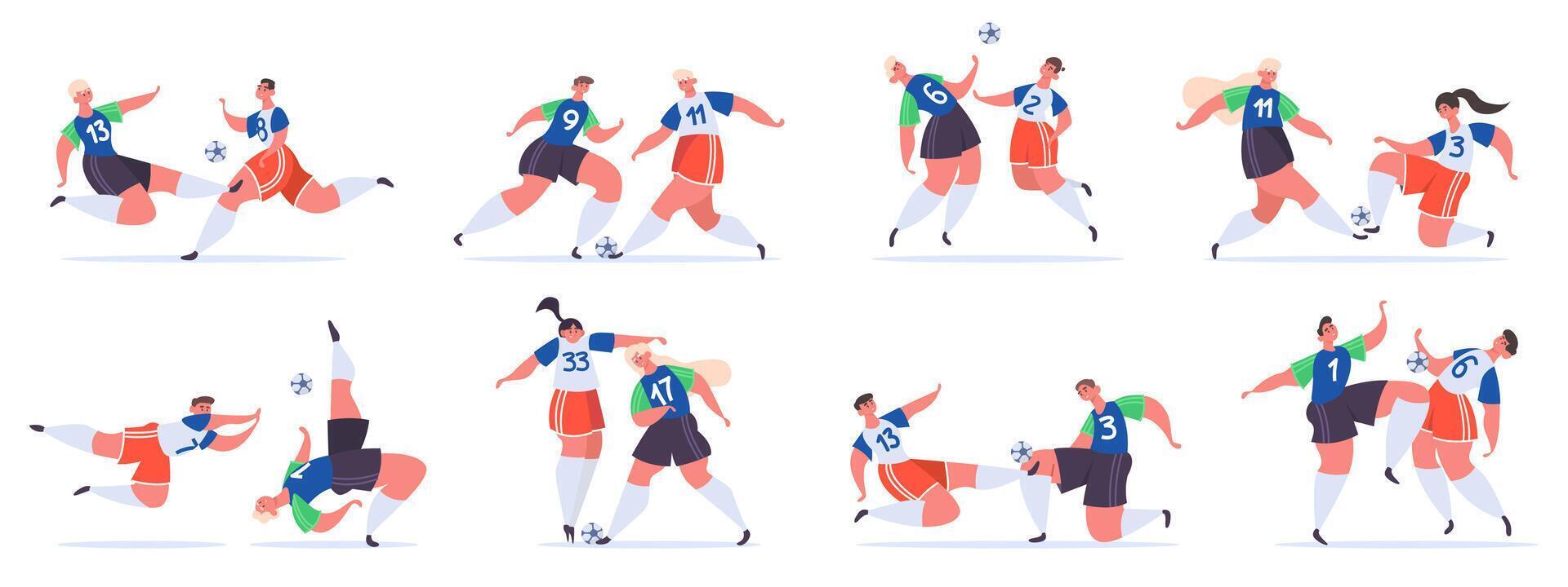 Football players. Soccer sportsmen characters struggle, fighting for ball, soccer overtaking, trick and attack vector illustration set