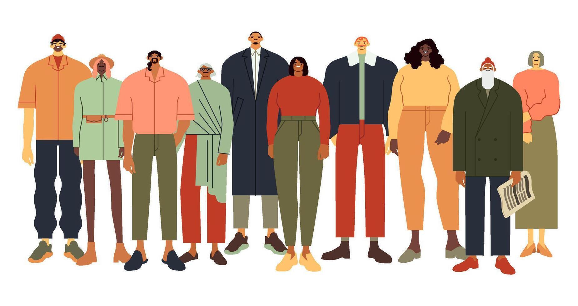 multi étnico personas grupo. personas en casual atuendo, diverso personas equipo y adulto comunidad plano vector ilustración. multirracial unidad. sonriente multitud de hombres y mujer. años y etnia diversidad