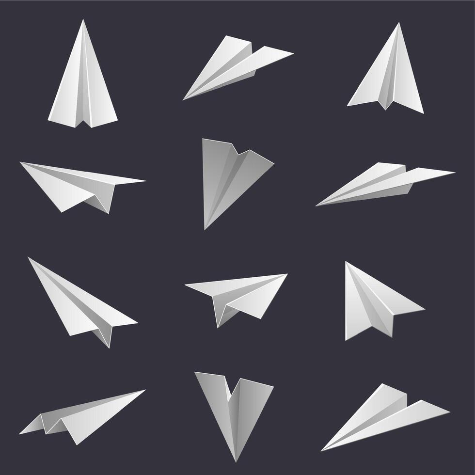 papel aviones hecho a mano origami aeronave cifras, papel plegable pasatiempo. poligonal papel formas aislado vector ilustración conjunto