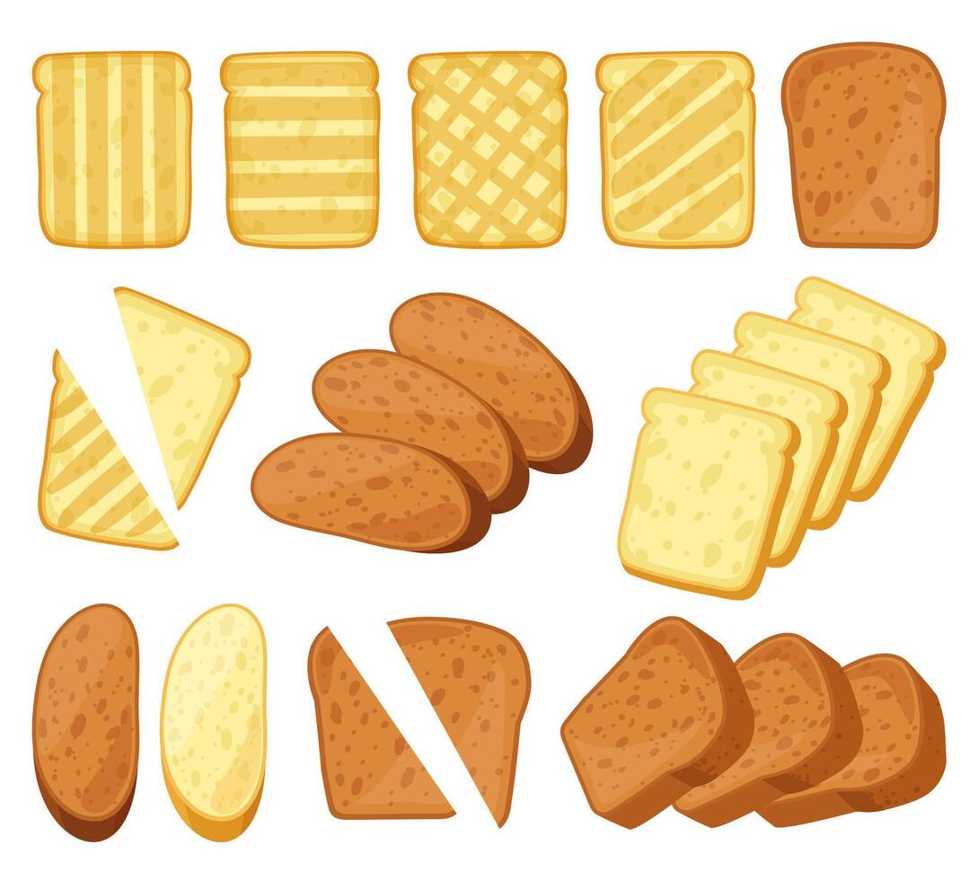Cartoon toasts. Breakfast toasted bread, slices of bake roll, pastry wheat bakery products. Bread loaf and toasts isolated vector illustration set