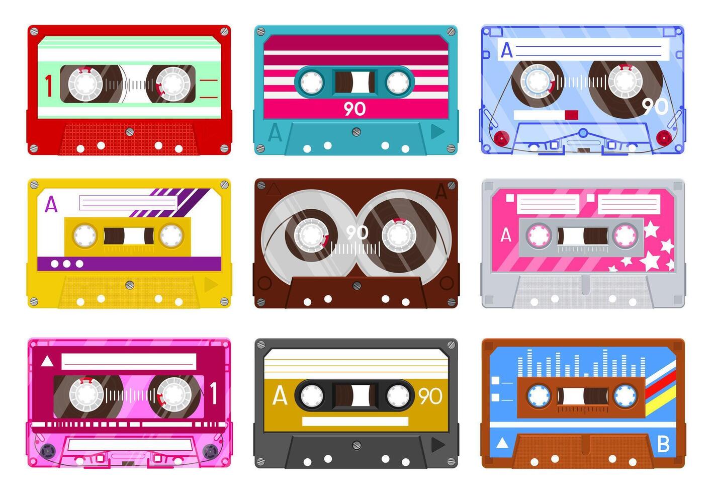 retro audio casete. Clásico audio cinta, 90s música casete, término análogo Años 80 estéreo cinta de audio aislado vector ilustración icono conjunto