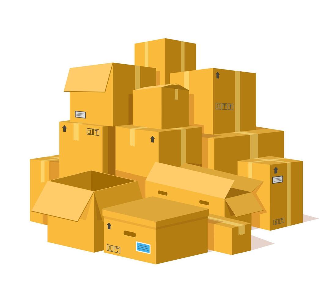 Cardboard boxes pile. Storage delivery cardboard boxes stack, pile of postal parcel package, carton sealed boxes vector illustration