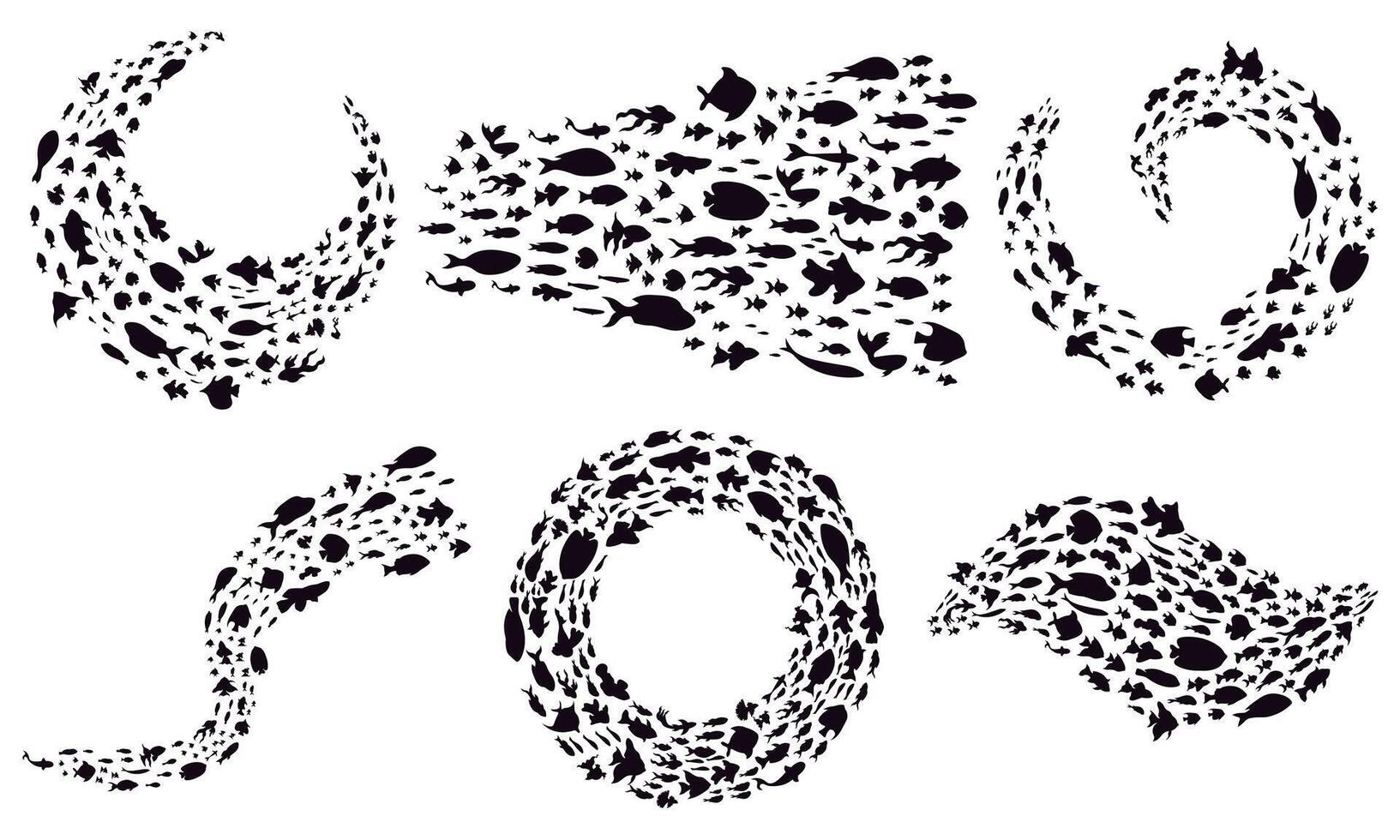 Fish schools. Groups of sea fish silhouettes, ocean circle and wave spawning fishes colony, marine symbols vector illustration set